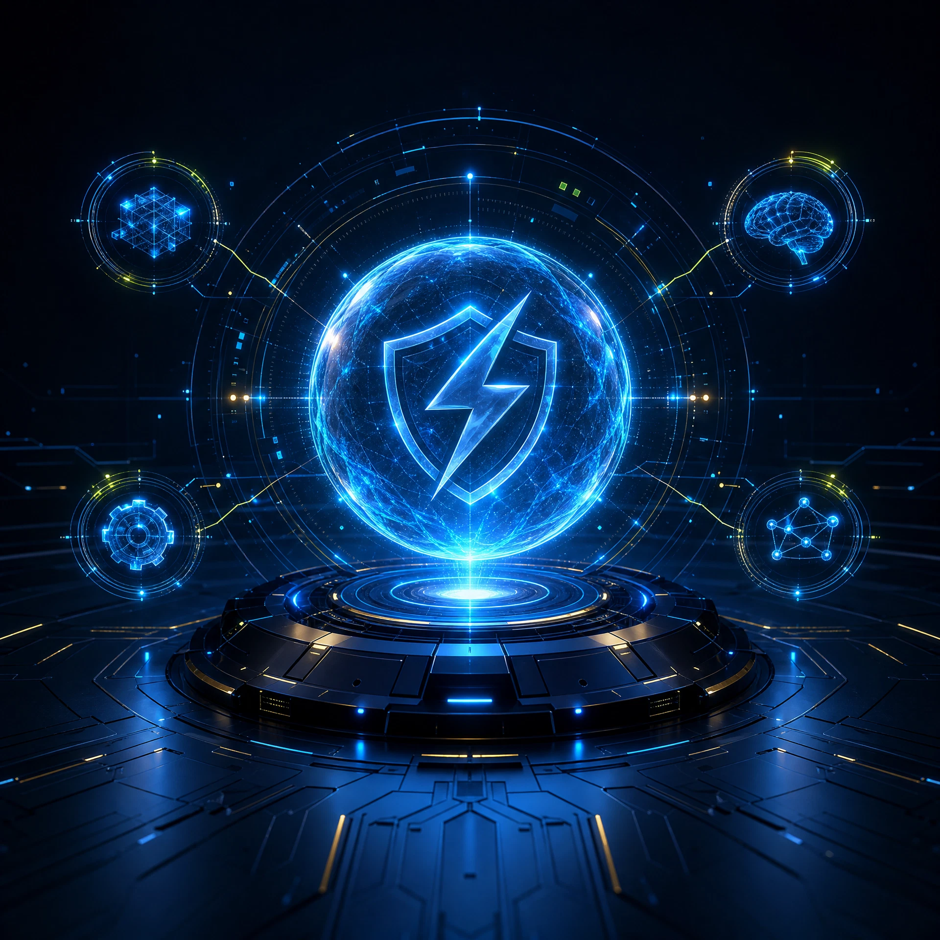 Luminous AI command core surrounded by four specialist nodes